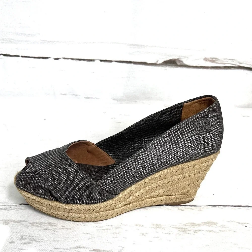 Tory Burch Filipa Shoes Women's 9.5B Pewter Espadrilles Peep Toe Wedges